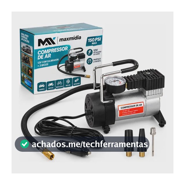 Mini Compressor De Ar Automotivo 12v Com Calibrador + 3 Bicos 150psi Maxmidia