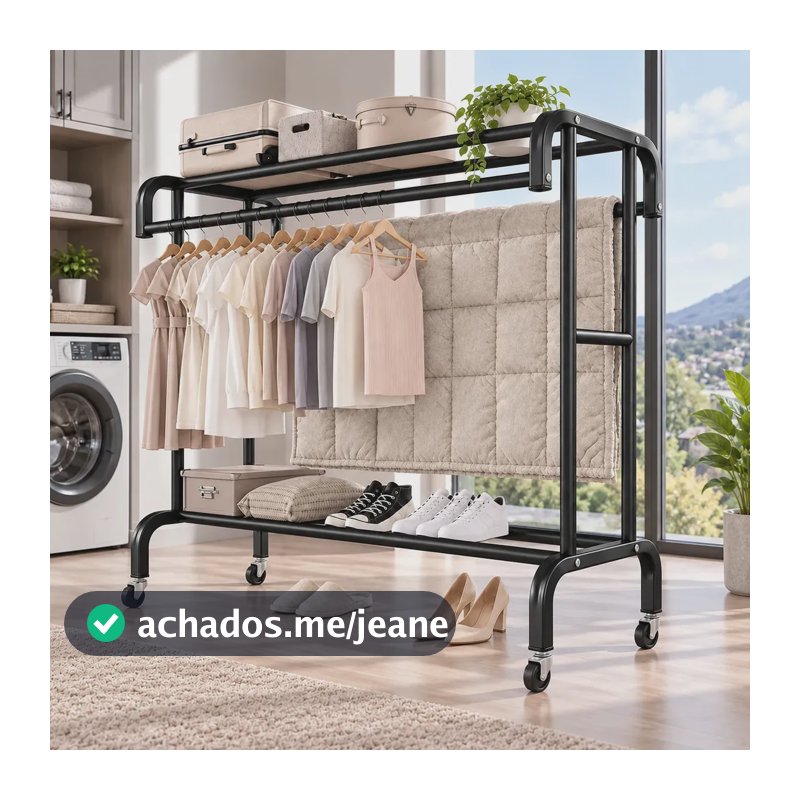 Arara De Roupas Dupla Cabideiro Com Rodinhas Reforçada Preto