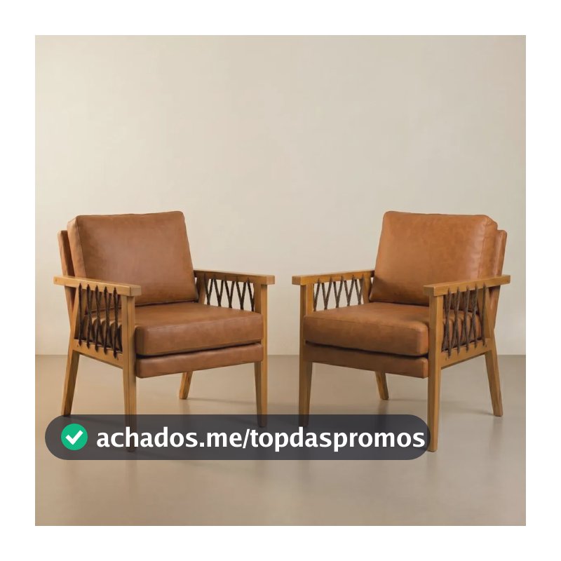 Kit 2 Poltronas Lumi Premium Caramelo, de Madeira Maciça, com Corino e Almofada