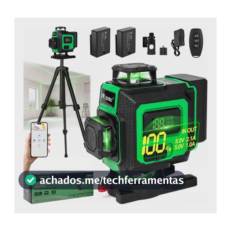 Nível Laser 16 Linhas Verde 360° Com Tripé 2 Baterias