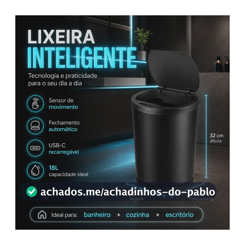 Lixeira Inteligente Automática Preta Universal Com Sensor Lumi Recarregável Anti Odor 16l