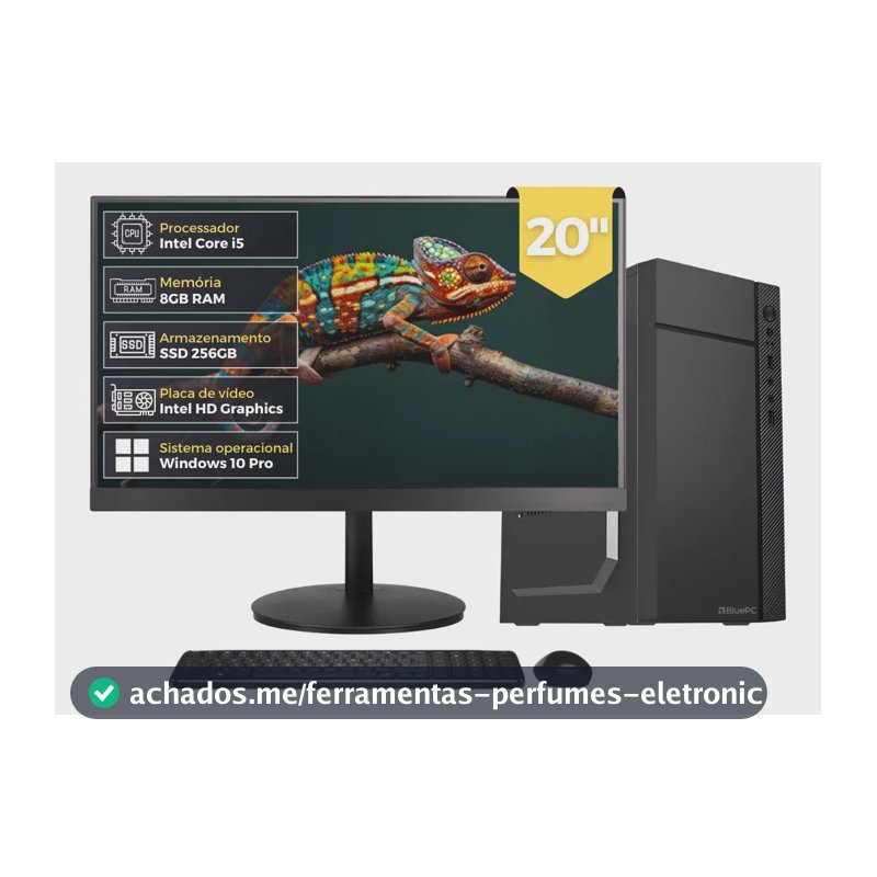 Computador Completo Flash, Intel Core i5 3470, RAM 8GB, SSD 256GB, Bivolt, Preto, Monitor 20" LED HDMI, Windows 10 Pro - BluePC DOE-0140FL
