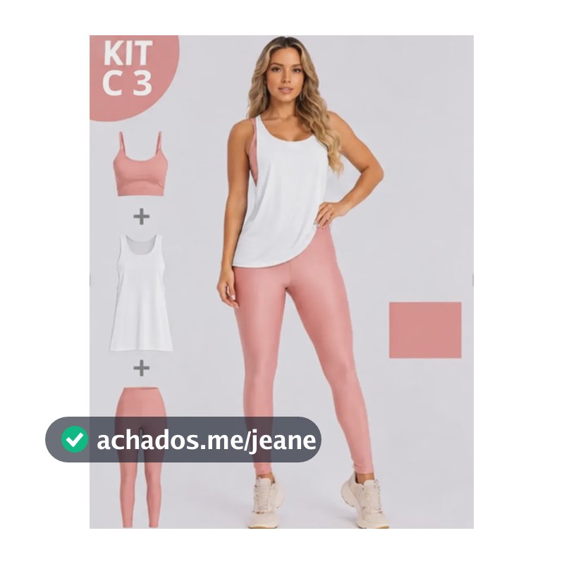 Kit 3 Peça Fitness Roupa Academia Legging + Cropped + Regata Rosa-claro M