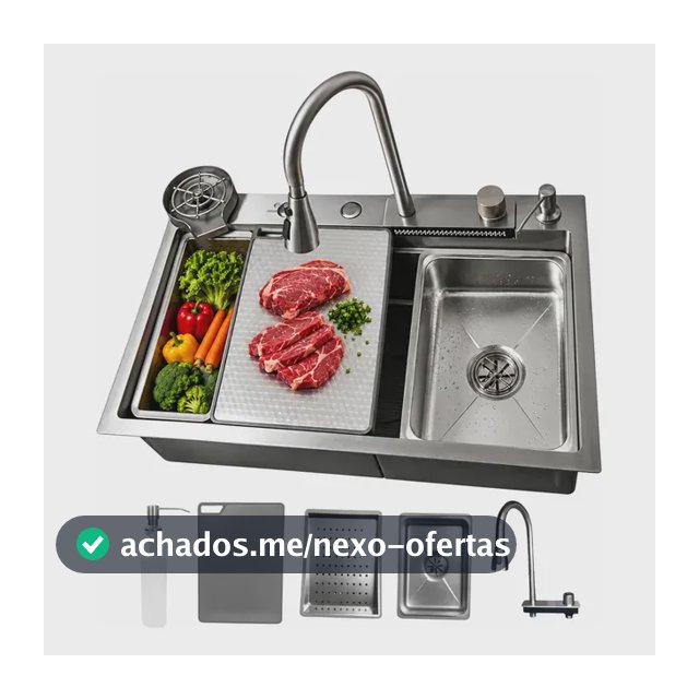 Cuba Pia Gourmet Cozinha Aço Inox 304 75x46 Cascata Torneira Prateado