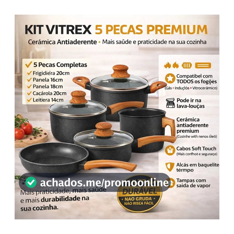 Jogo De Panelas Cerâmico Triplo Indução Vitrex Ecoglid 5 Peças Cor Preto Granito