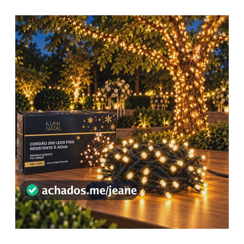 Cordão 20m 200 Leds Blindado Luz Fixa 20 Metros Contínuos P/ Árvore Natal Prova D'água Ip44 Fio 1.8mm Lph Pisca Pisca De Natal Fixo Conexão Macho Fêmea Luzes Natal Decoração Branco Quente 110