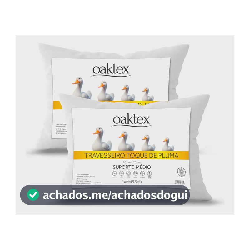 Kit 2 Travesseiros 70x50 Antialérgico Lavável Fibra Siliconada Toque de Pluma de Ganso Oaktex Cor Branco