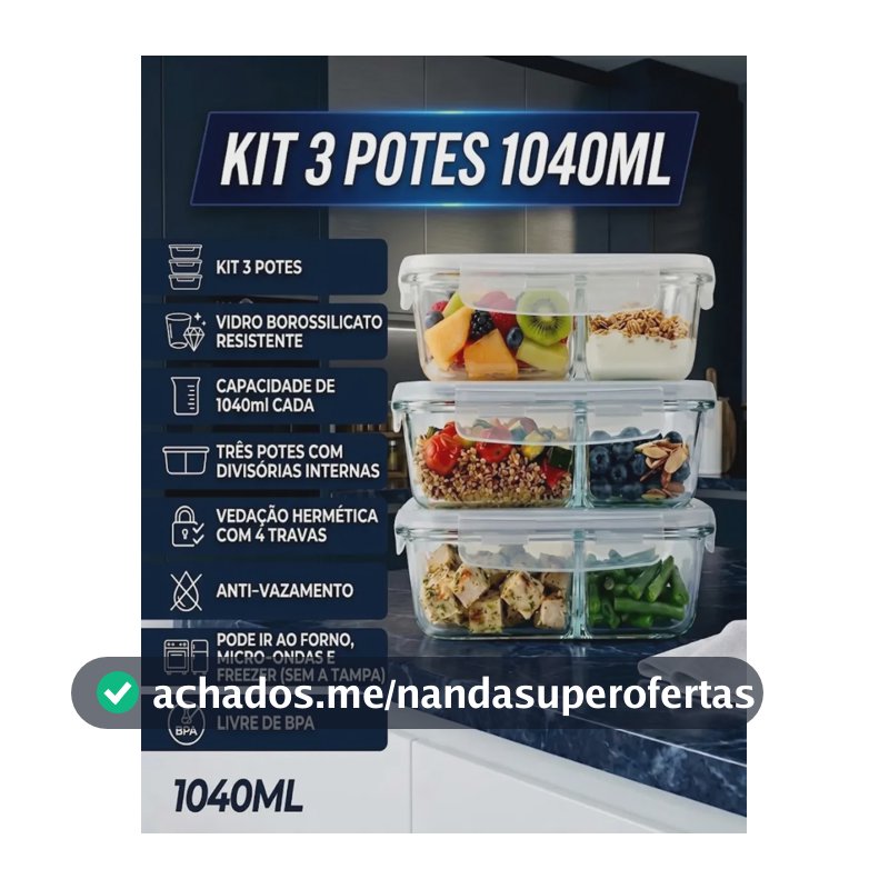 Kit 3 Potes de Vidro 1040ml com Divisória e Tampa Hermética Borossilicato Pítia