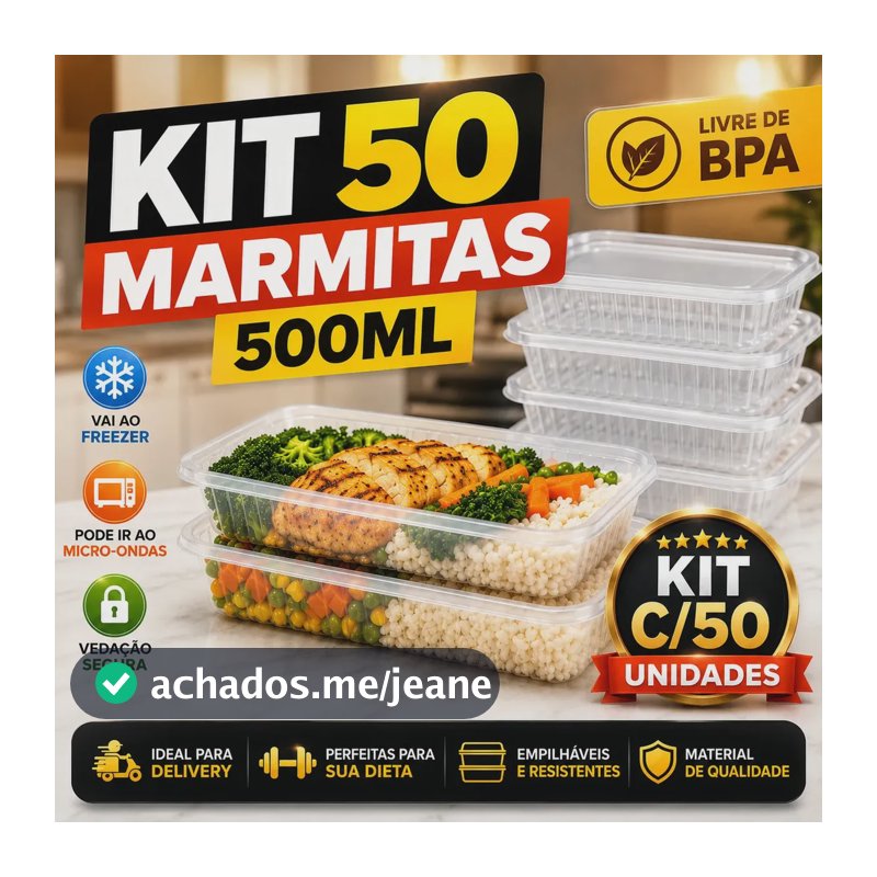 Pote Descartável 500ml Com Tampa 50 Unidades Marmita Transparente Livre BPA Freezer Micro-ondas Reutilizável Para Congelar Alimentos Fitness Delivery Restaurante IFood Marmitex Pétalas Douradas