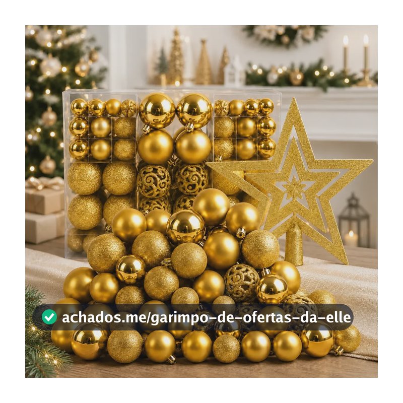 Kit 100 Bola + Brinde Estrela Enfeite Árvore Natal Decoração Dourado