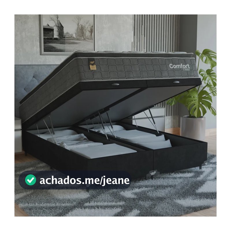 Cama Box Baú Queen + Colchão Comfort Class Pillow Top Cinza/suede Preto