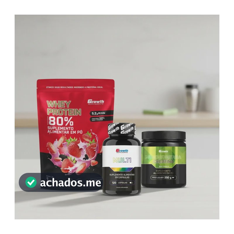 Kit Growth: Whey Protein Morango 1kg + Multivitamínico 120 Cáps + Creatina Monohidratada 250g