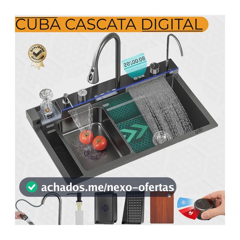 Cuba Gourmet Cascatas de Aço Inox Preto Yab, 75x46 cm, Com Torneira Monocomando e Acessórios