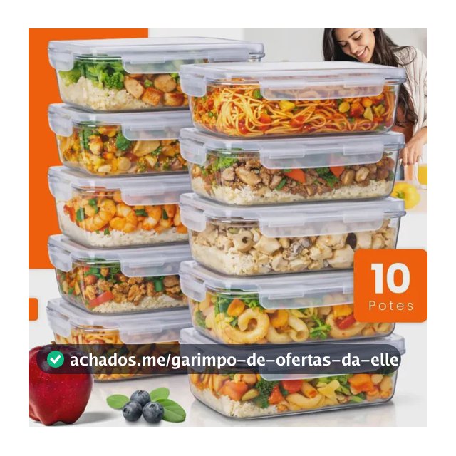 Kit 10 Potes De Vidro Hermético 640ml Marmita Fitness 4 Travas Não Vaza Freezer Micro-ondas Forno Bpa Free Hold On