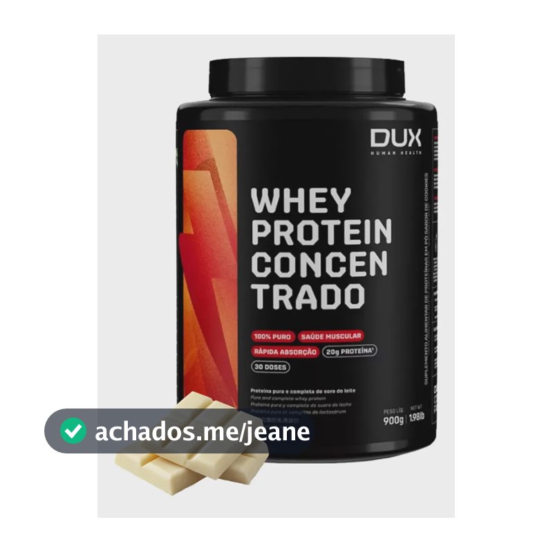 Whey Protein Concentrado Dux Nutrition Pote 900g Sabor Chocolate Branco - 20g de Proteínas Por Dose - 100% Puro - Rápida Absorção - 30 Doses