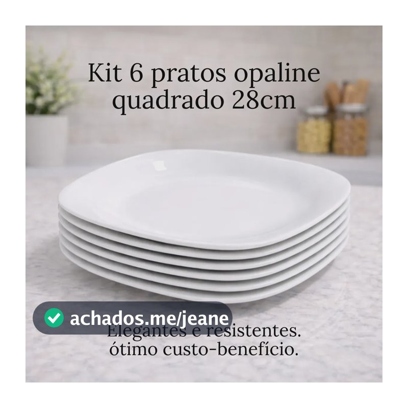 Kit 6 Pratos Rasos Quadrados Brancos Em Vidro Opalina Premium Design Sofisticado, Alta Resistência Para Restaurantes E Mesa Posta Elegante Vapt Vupt