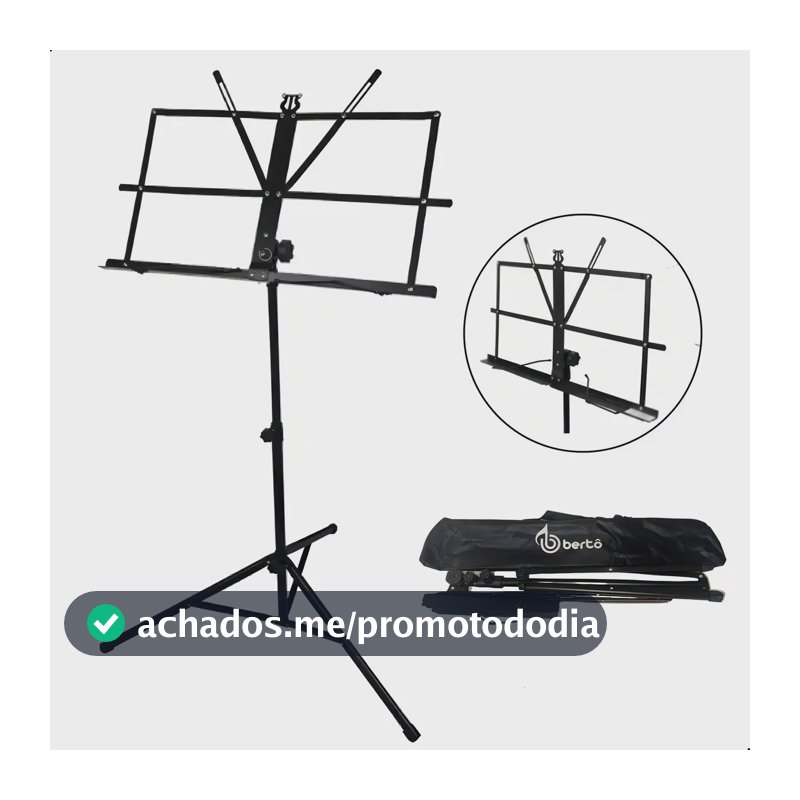 Estante Porta Partitura Bertô Preto Ajustável 75cm-1.3m Dobrável com Bolsa