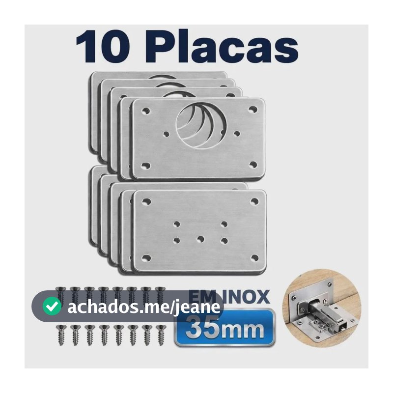 Kit 10 Placas Dobradiça 35mm Reparo Porta Armário Móveis Cozinha Guarda Roupa Mdf Aço Nautasi
