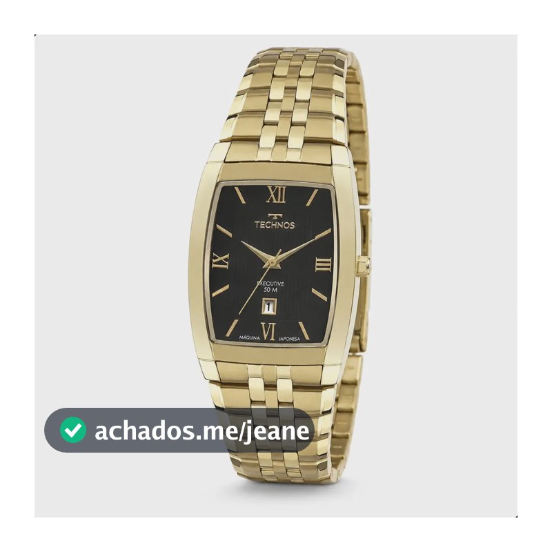Relógio Technos Masculino Dourado Executive Retangular com Pulseira em Aço Inoxidável Prova D Água 50 metros com Calendário