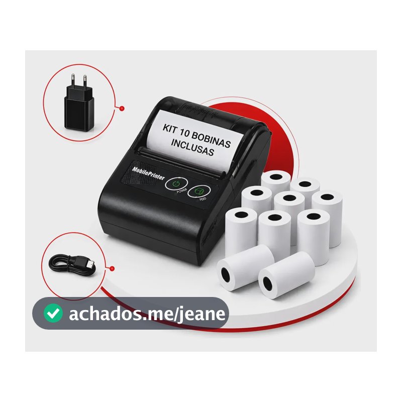 Mini Impressora Portatil Bluetooth Pequena Kit C/ 10 Bobinas Preto 127/220v