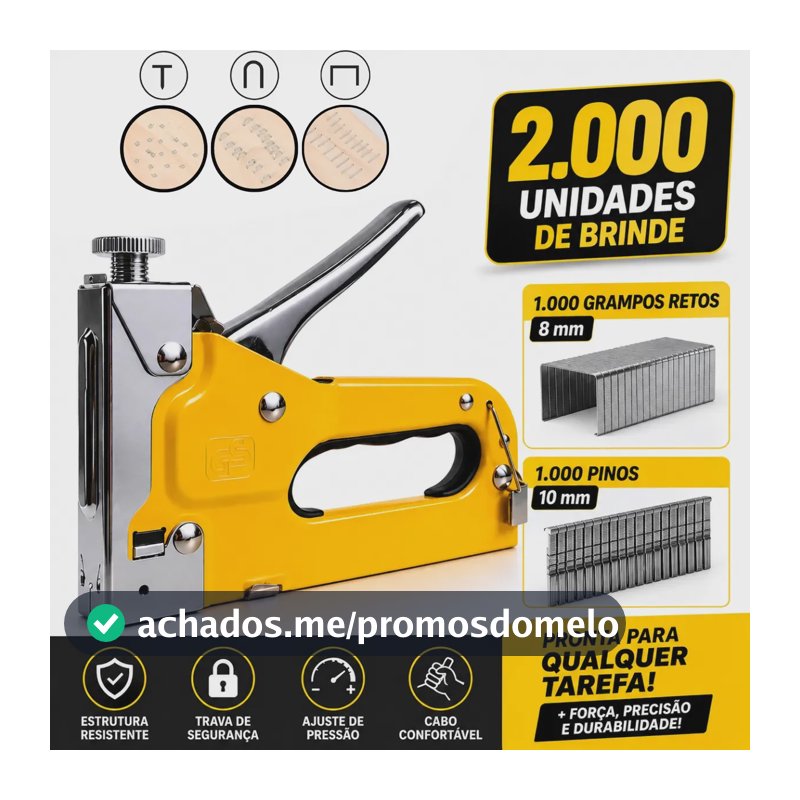 Grampeador Tapeceiro Madeira Estofado Profissional Tapeçaria Alta Pressão Com 2000 Grampos