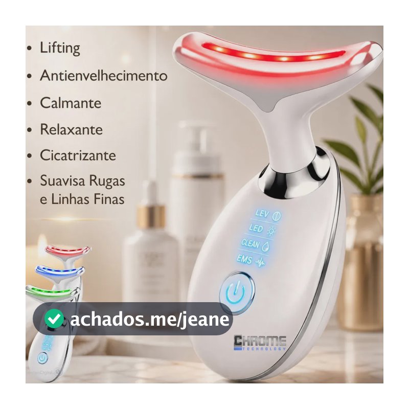Massageador Facial LED Chrome Technology Para Pescoço e Rosto Com Vibração