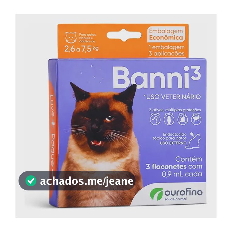 Banni3 Ourofino Antipulgas e Vermífugo para Gatos 2,6 a 7,5kg 0,9ml 3 Pipetas