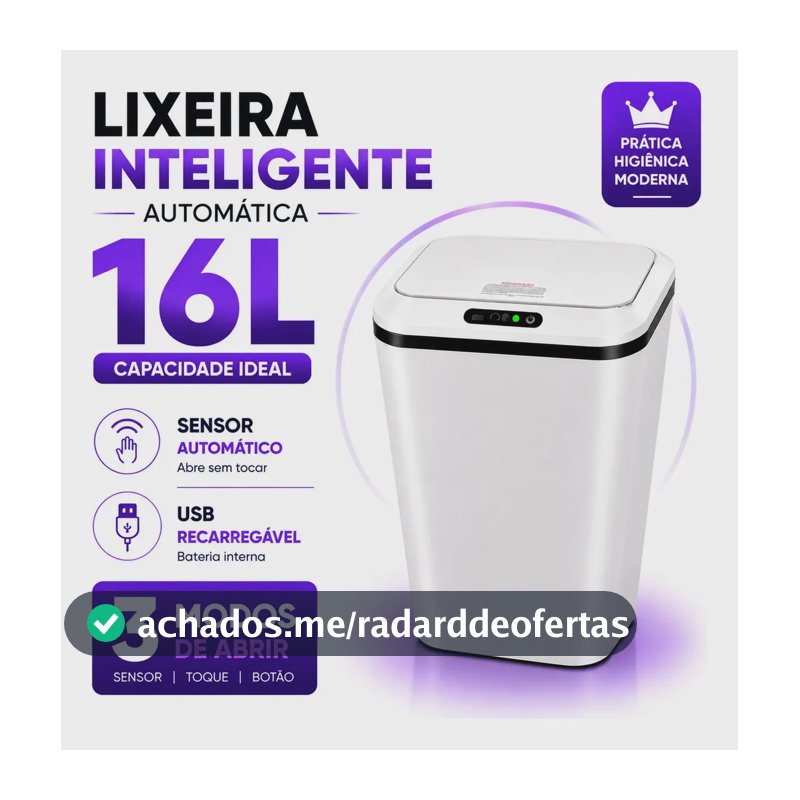 Lixeira Inteligente Automática 16L Sensor Infravermelho Recarregável USB-C 3 Modos Tampa Touch Banheiro Cozinha
