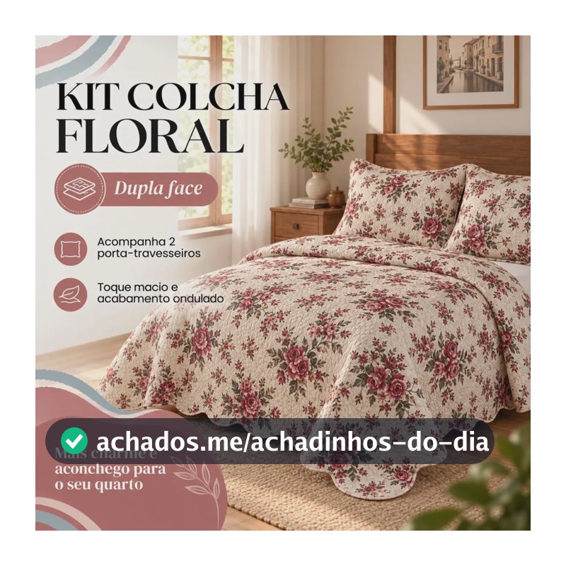 Kit Cobre Leito Colcha Cama Casal Dupla Face 3 Peças Travesseiro Creme Florido