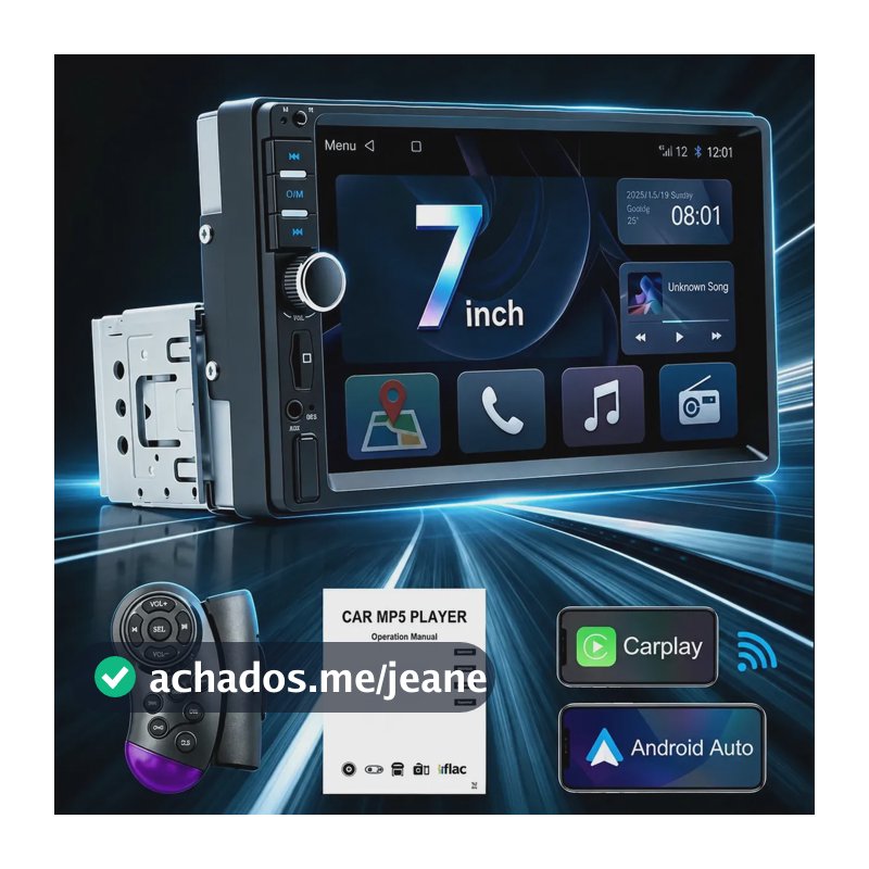 Multimídia Automotiva 1 DIN TeqOhnr com Tela de 7" Touch e Android Auto