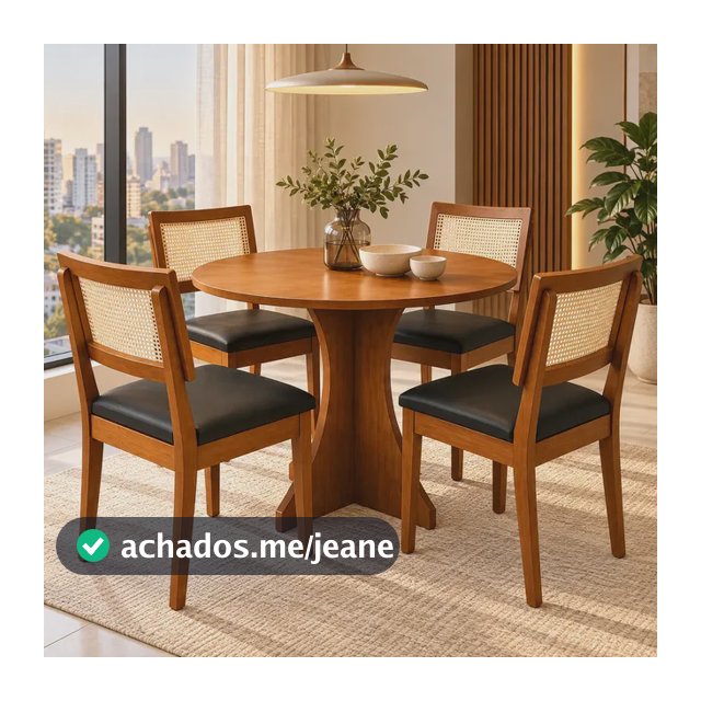 Mesa De Jantar Com 4 Cadeiras Estofadas Madeira Maçica Tampo Nature / Cadeira Courino Preto Lisa