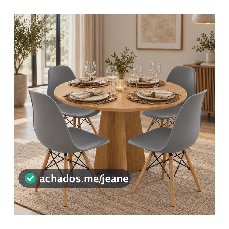 Kit Sala De Jantar Mesa Circular Tampo Mdf Com 4 Cadeiras Cinza Liso