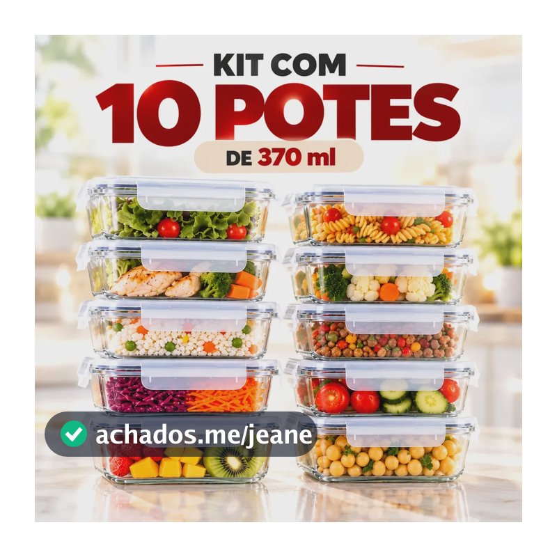 Kit 10 Pote De Vidro Marmita Hermético 370ml Freezer Fitness Transparente