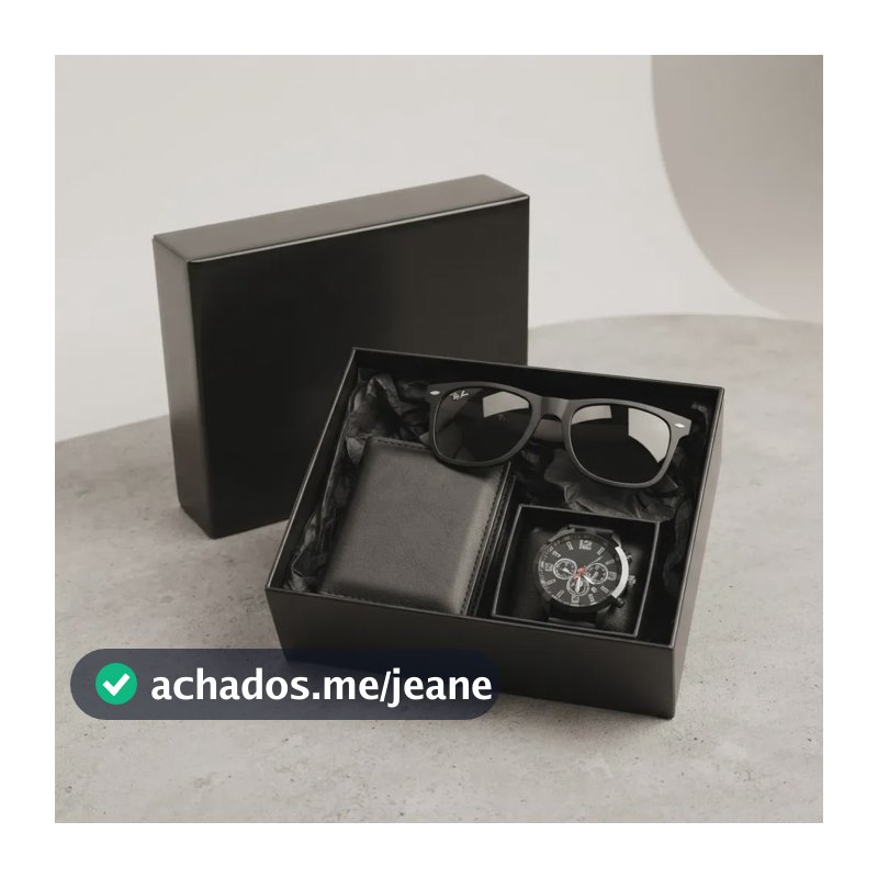 Kit Relógio Óculos De Sol Carteira Couro Presente Masculino Preto