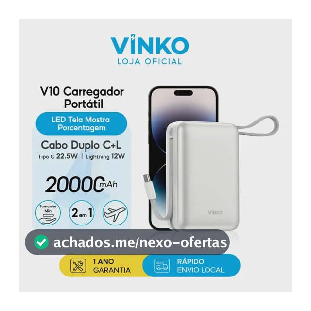 Vinko Power Bank 20000mah Turbo 22,5w Com 2 Cabos E Tela V10 Prateado
