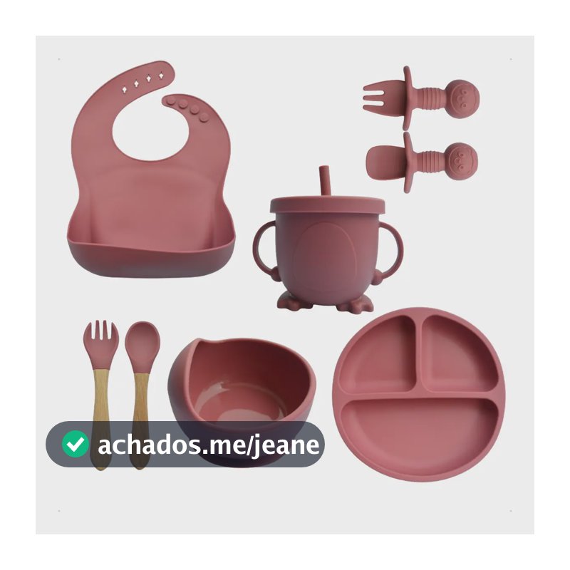 Kit Alimentação Infantil 8 Peças Rosa Silicone BPA Free Introdução Alimentar