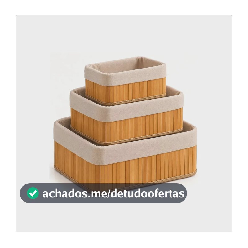 Kit 3 Cestos Organizadores de Bambu Retangulares com Forro para Casa e Banheiro