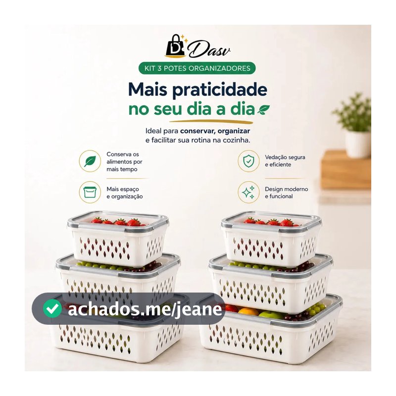 Conjunto Kit 6 Organizadores Geladeira Transparente Hermético Escorredor Cesto Frutas Alimentos Verduras Legumes Dasv