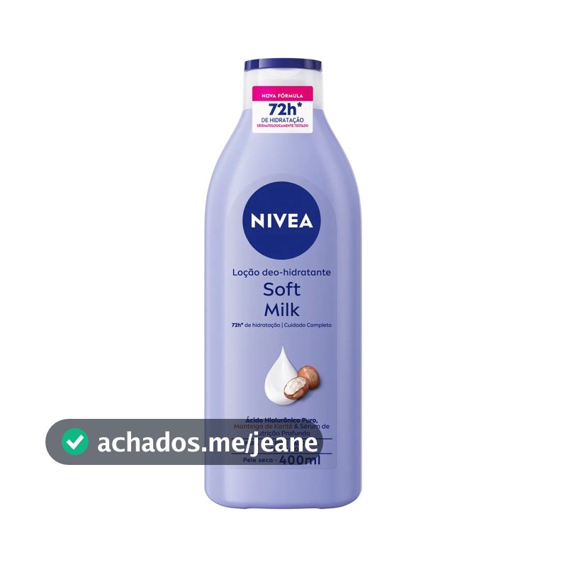 NIVEA Loção Deo-Hidratante Soft Milk 400ml, Hidratação Profunda 72h, Hialurônico Puro, Corporal, Pele Seca