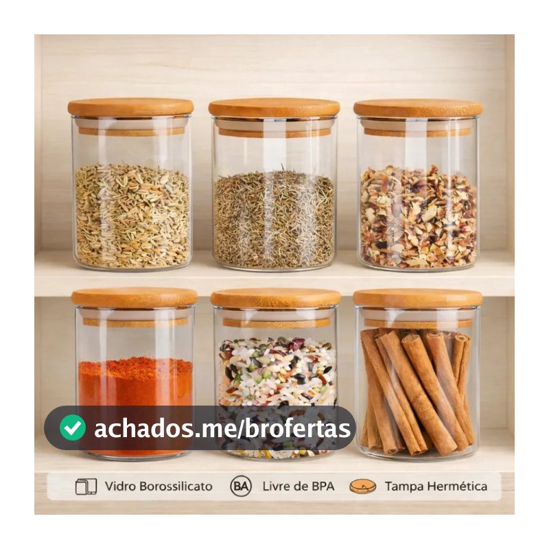 Kit 6 Potes De Vidro Herméticos Com Tampa De Bambu De 200ml Para Mantimentos Alimentos Grãos Café Massas Cereais Cozinha Com Vedação Hermética Vidro Borossilicato Livre Bpa Transparente