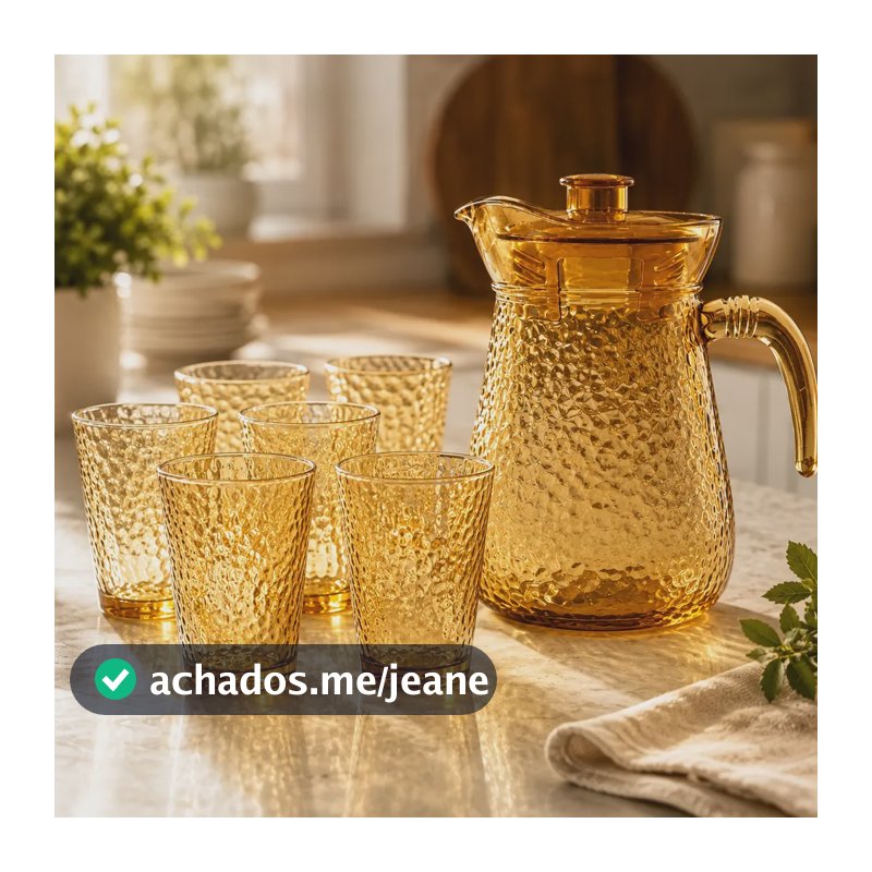 Kit Jarra 1l Com 6 Copos 200ml Vidro Âmbar 7 Peças Bebidas Âmbar