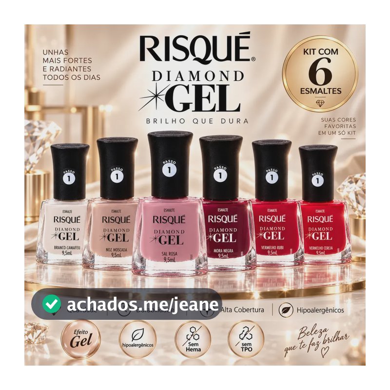 Risqué: Kit 6 Esmaltes Diamond Gel Hipoalergênico Vermelho