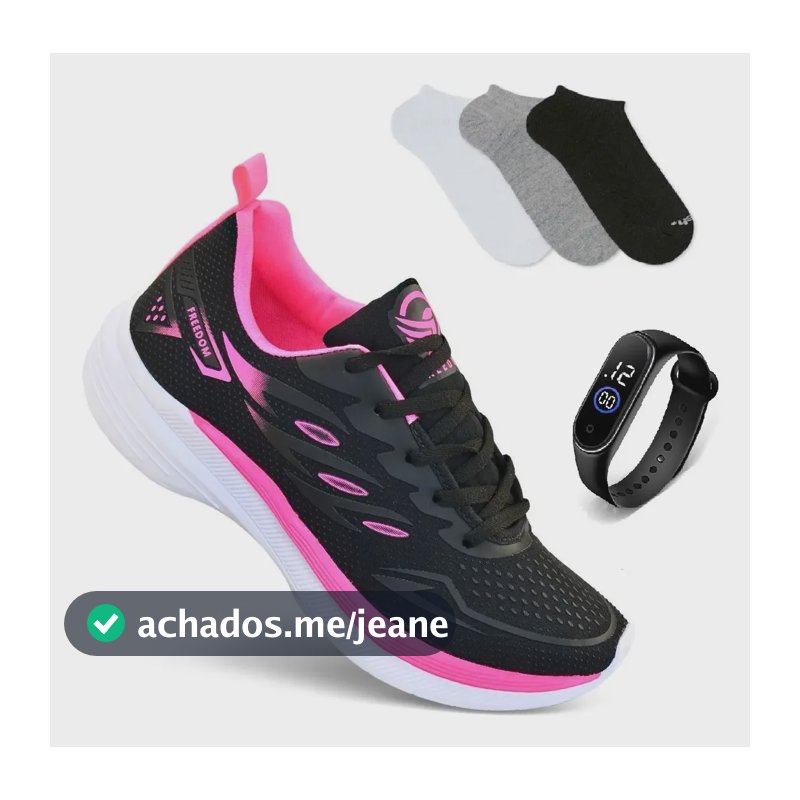 Kit Tenis Feminino + Relogio + Meia Academia Corrida Treino Preto/pink 37 Br