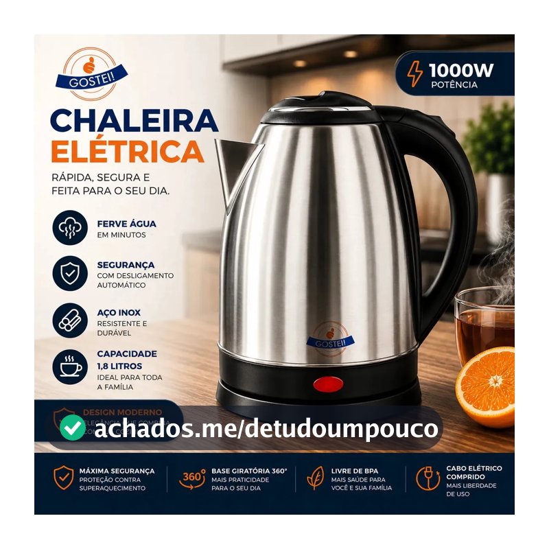 Chaleira Elétrica Gostei! 1,8l 1000w Prata Desligamento Automático