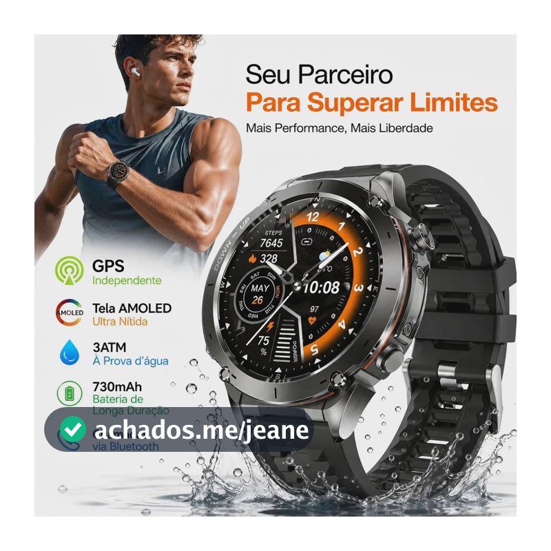 Relógio Smartwatch masculino redondo com GPS independente , 3ATM, tela AMOLED 1.43", bateria 750mAh. Monitora batimento, SPO2 e sono, ESOYIP S01 mais de 100 modos esportivos para corrida ao ar livre