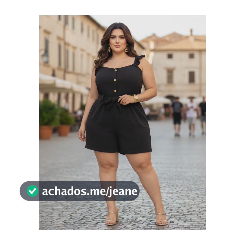 Macaquinho Feminino Plus Size Alças Com Botões E Cinto Laço Preto Liso G1 (48 Ao 50)
