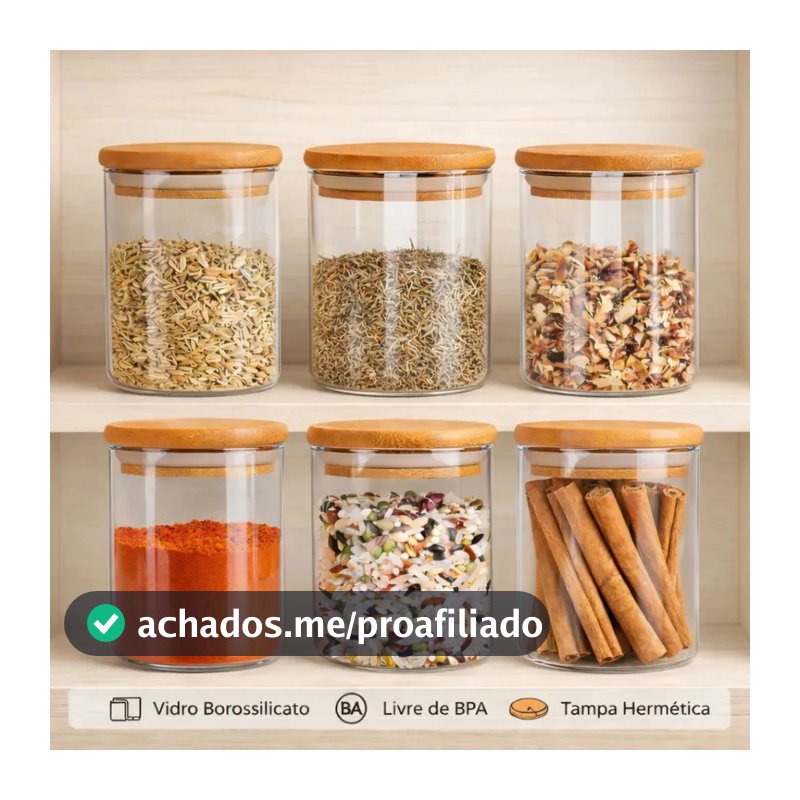 Kit 6 Potes De Vidro Herméticos Com Tampa De Bambu De 200ml Para Mantimentos Alimentos Grãos Café Massas Cereais Cozinha Com Vedação Hermética Vidro Borossilicato Livre Bpa Transparente