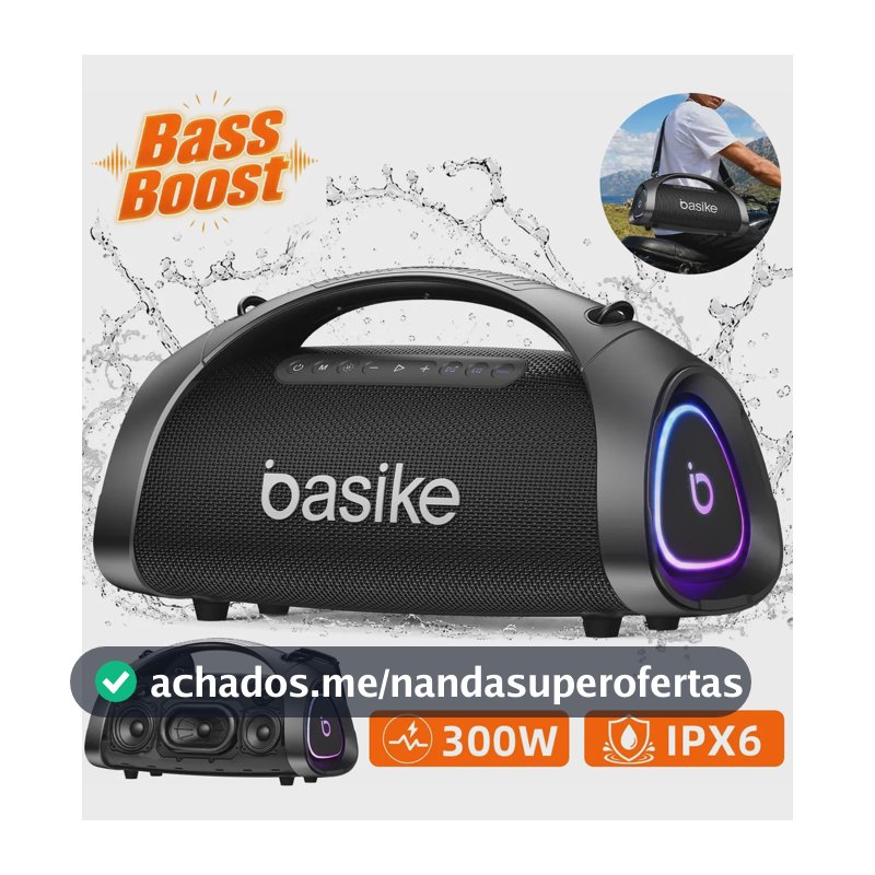 Caixa de Som Bluetooth 300W Basike Caixa Som Portátil Ba-RAD134 30000mAh Ipx6 Boombox Subwoofer Com RGB Luzes LED, Power Bank