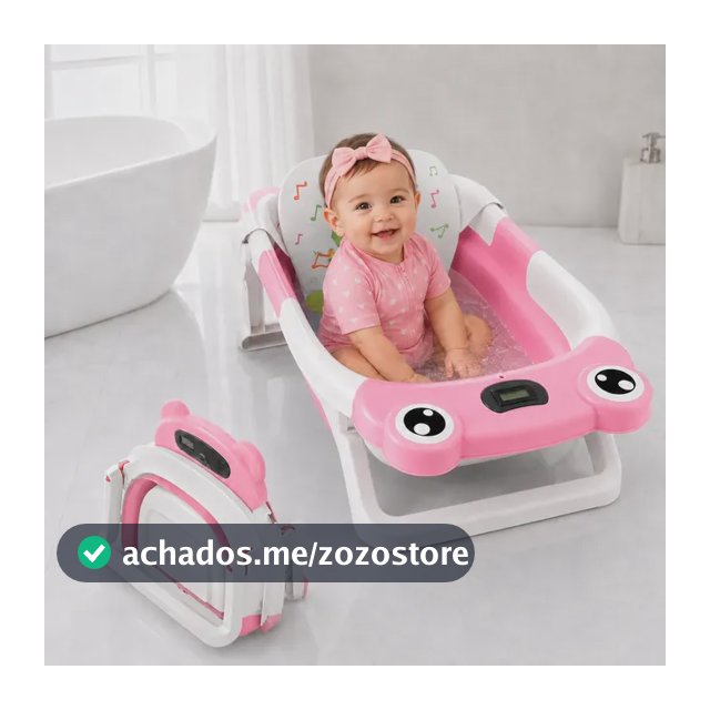 Banheira Para Bebe Dobrável Com Suporte Termomêtro Almofada Rosa