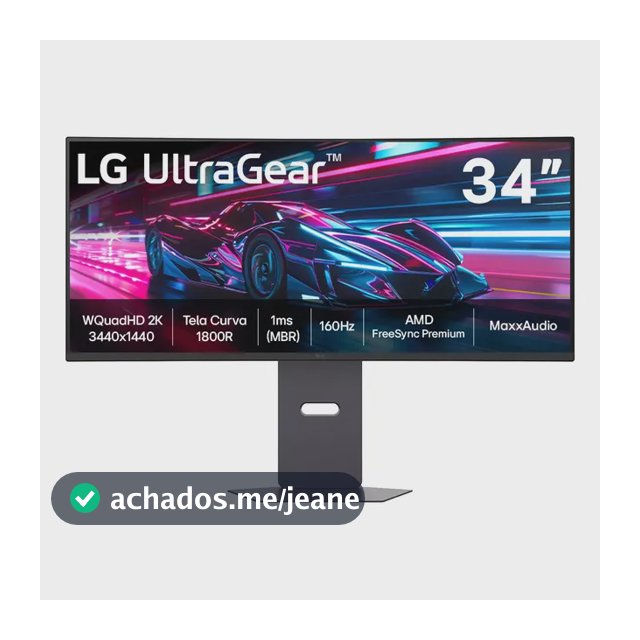 Monitor Gamer LG UltraGear Curvo 34"- QuadHD 2K, UltraWide 1800R, 160Hz, 1ms (MBR), AMD FreeSync Premium, HDR10, MaxxAudio, Preto -34G600A